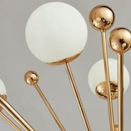 Plafonnier contemporain moderne à 12 lampes, plaqué cuivre, avec abat-jour en verre blanc