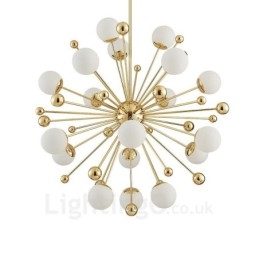 Plafonnier contemporain moderne à 18 lampes, plaqué cuivre, avec abat-jour en verre blanc