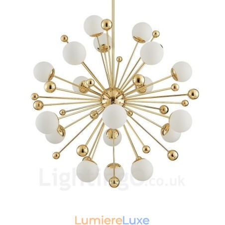 Plafonnier contemporain moderne à 18 lampes, plaqué cuivre, avec abat-jour en verre blanc Plafonnier contemporain moderne à 18 lampes, plaqué cuivre, avec abat-jour en verre blanc