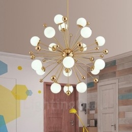 Plafonnier contemporain moderne à 18 lampes, plaqué cuivre, avec abat-jour en verre blanc