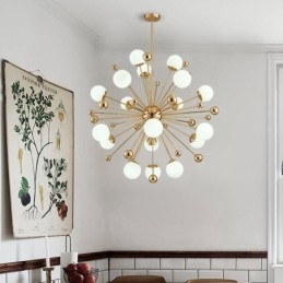 Plafonnier contemporain moderne à 18 lampes, plaqué cuivre, avec abat-jour en verre blanc