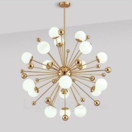 Plafonnier contemporain moderne à 18 lampes, plaqué cuivre, avec abat-jour en verre blanc