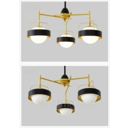 Plafonnier contemporain moderne à 3 lumières, lustre plaqué cuivre avec abat-jour en verre boule blanc et noir