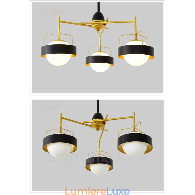 Plafonnier contemporain moderne à 3 lumières, lustre plaqué cuivre avec abat-jour en verre boule blanc et noir