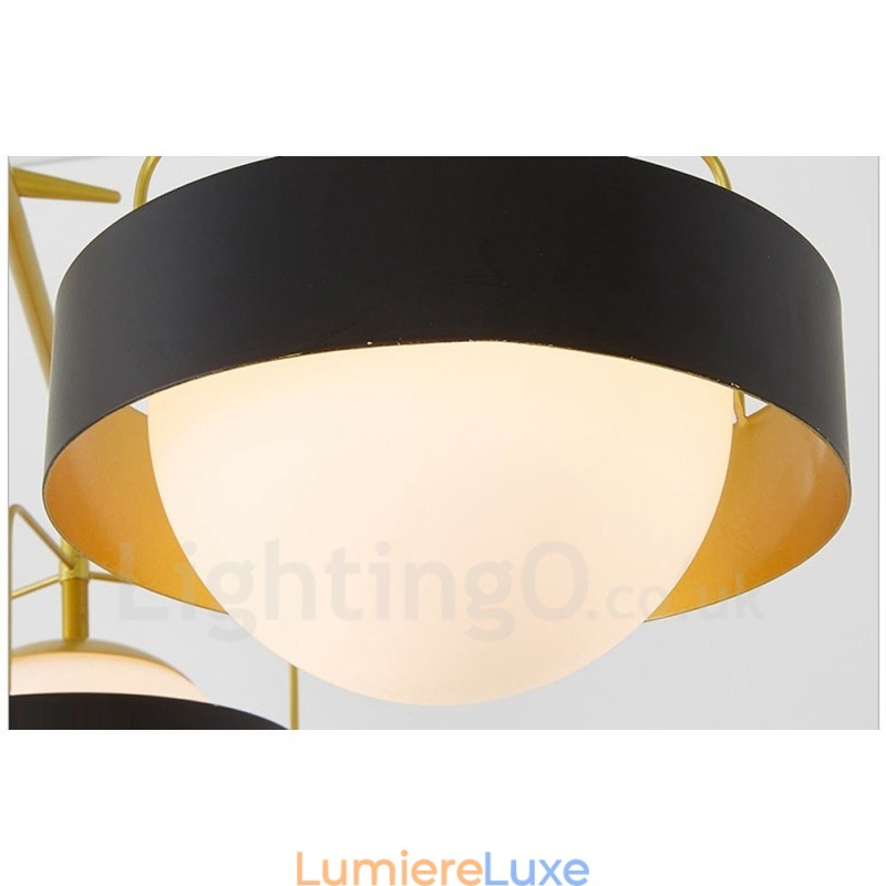 Plafonnier contemporain moderne à 3 lumières, lustre plaqué cuivre avec abat-jour en verre boule blanc et noir