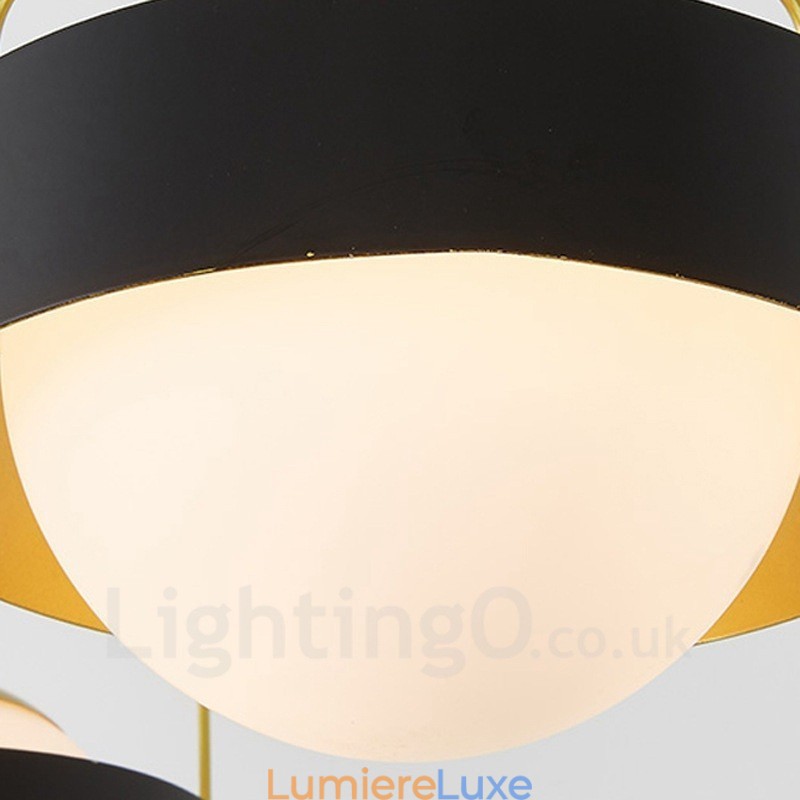 Plafonnier contemporain moderne à 3 lumières, lustre plaqué cuivre avec abat-jour en verre boule blanc et noir