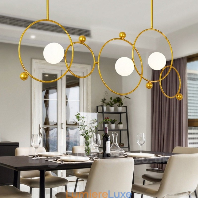 Plafonnier contemporain moderne à 3 lampes, plaqué cuivre, avec abat-jour en verre blanc