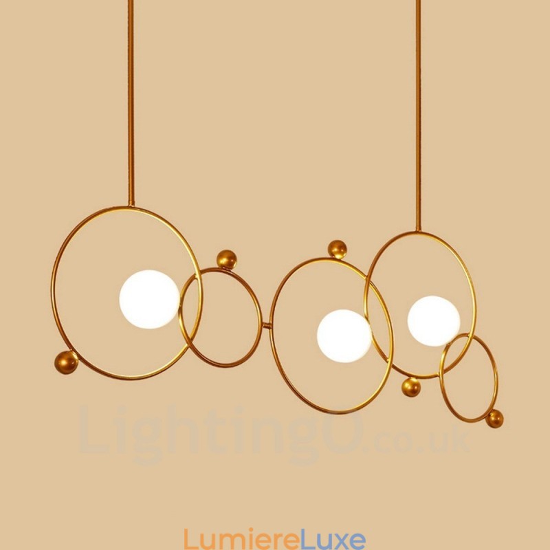 Plafonnier contemporain moderne à 3 lampes, plaqué cuivre, avec abat-jour en verre blanc