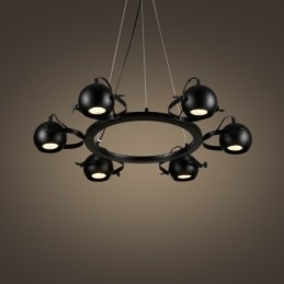 Suspension rétro vintage en fer noir à 6 lampes avec abat-jour boule en fer noir