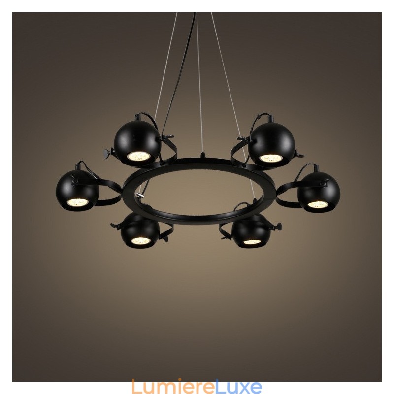 Suspension rétro vintage en fer noir à 6 lampes avec abat-jour boule en fer noir