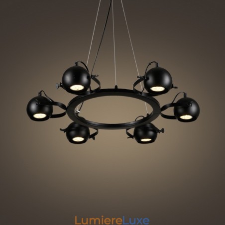 Suspension rétro vintage en fer noir à 6 lampes avec abat-jour boule en fer noir Suspension rétro vintage en fer noir à 6 lampes avec abat-jour boule en fer noir