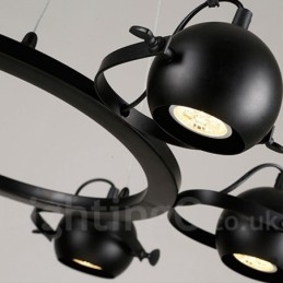 Suspension rétro vintage en fer noir à 6 lampes avec abat-jour boule en fer noir
