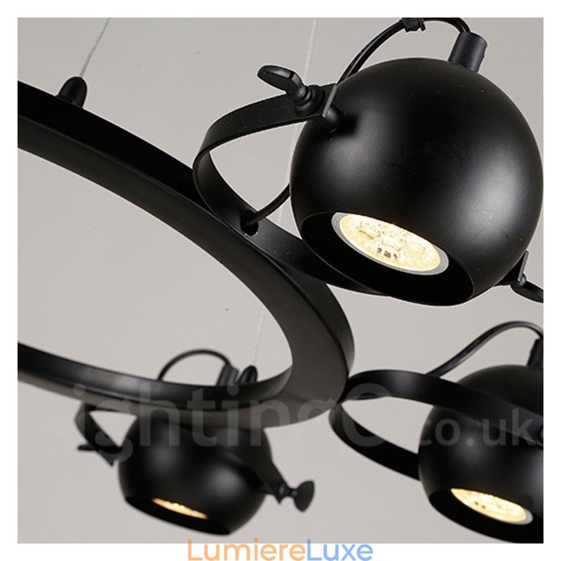 Suspension rétro vintage en fer noir à 6 lampes avec abat-jour boule en fer noir