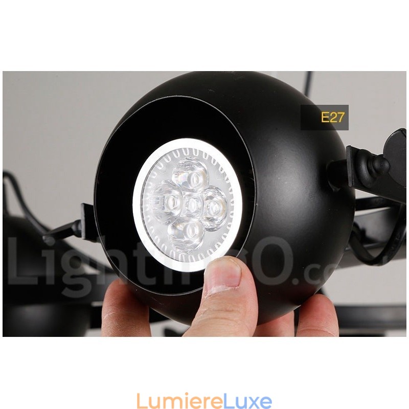 Suspension rétro vintage en fer noir à 6 lampes avec abat-jour boule en fer noir