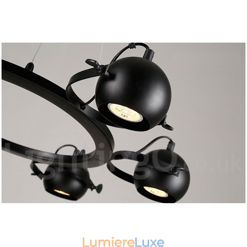 Suspension rétro vintage en fer noir à 6 lampes avec abat-jour boule en fer noir