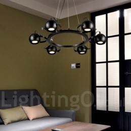 Suspension rétro vintage en fer noir à 6 lampes avec abat-jour boule en fer noir