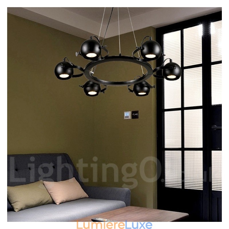 Suspension rétro vintage en fer noir à 6 lampes avec abat-jour boule en fer noir