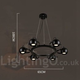 Suspension rétro vintage en fer noir à 6 lampes avec abat-jour boule en fer noir