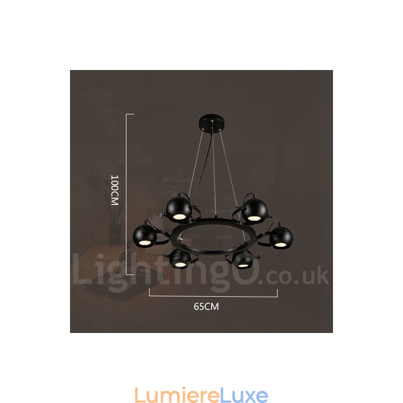 Suspension rétro vintage en fer noir à 6 lampes avec abat-jour boule en fer noir