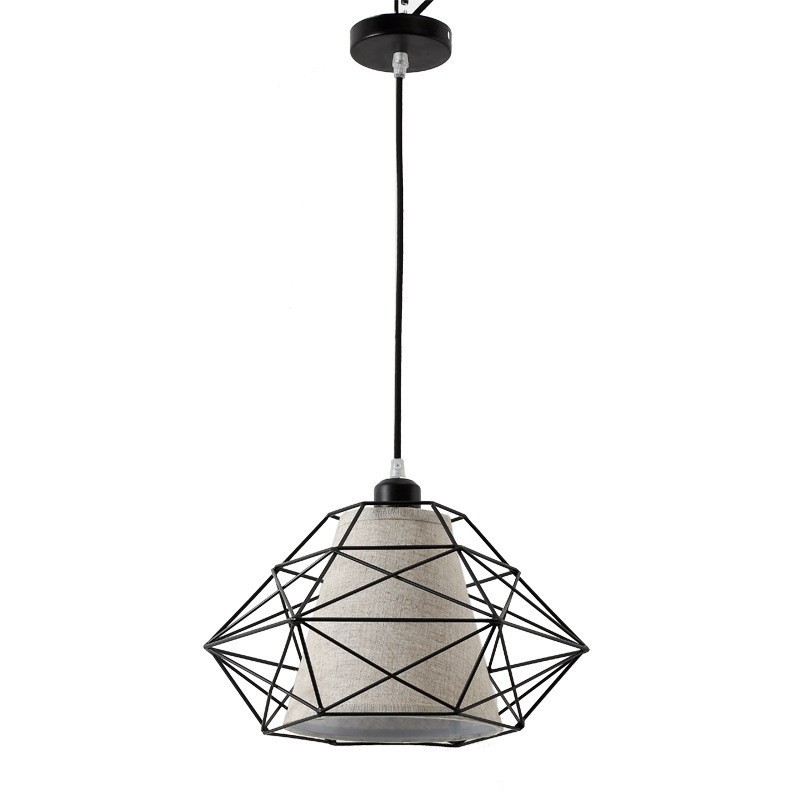Suspension rétro vintage en fer noir avec abat-jour en tissu