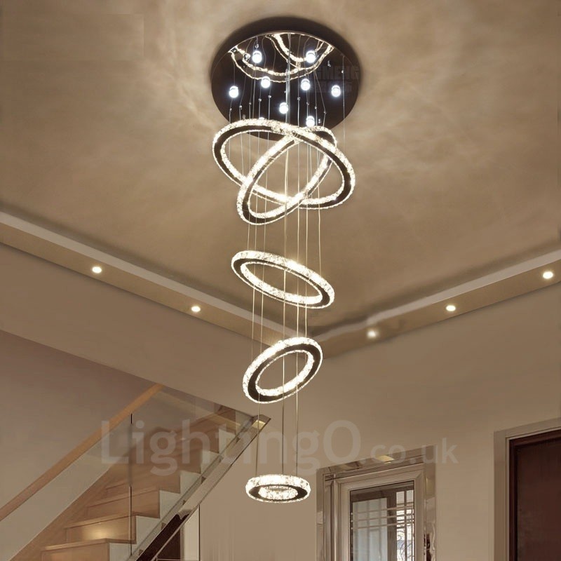 Plafonnier suspendu en cristal moderne à intensité variable, 3 couleurs de source lumineuse, 5 anneaux, Wi-Fi intelligent, lustre d'intérieur