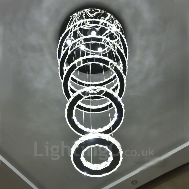 Plafonnier suspendu en cristal moderne à intensité variable, 3 couleurs de source lumineuse, 5 anneaux, Wi-Fi intelligent, lustre d'intérieur