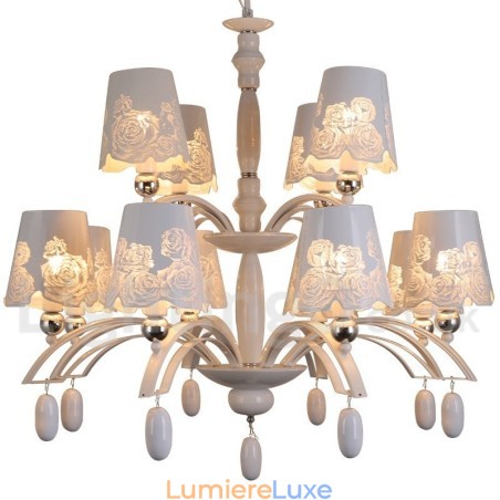 Lustre rustique rétro noir à 12 lumières, grand modèle à 2 niveaux, style bougie
