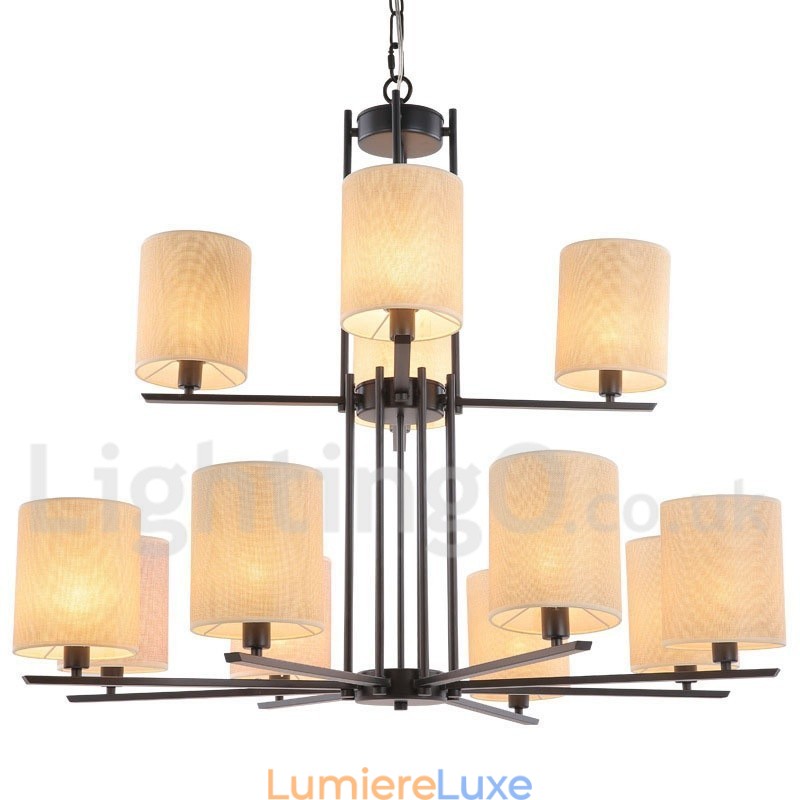 Lustre rustique rétro noir à 12 lumières, grand modèle à 2 niveaux, style bougie