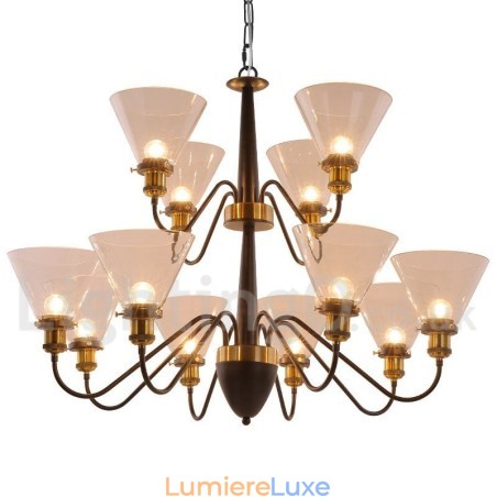 Lustre rustique rétro noir à 12 lumières, grand modèle à 2 niveaux, style bougie