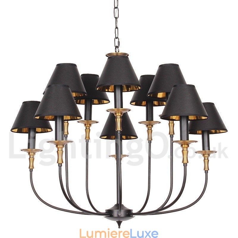Lustre rétro noir à 2 niveaux, grand format, style bougie