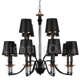 Lustre rustique rétro noir à 12 lumières, grand modèle à 2 niveaux, style bougie