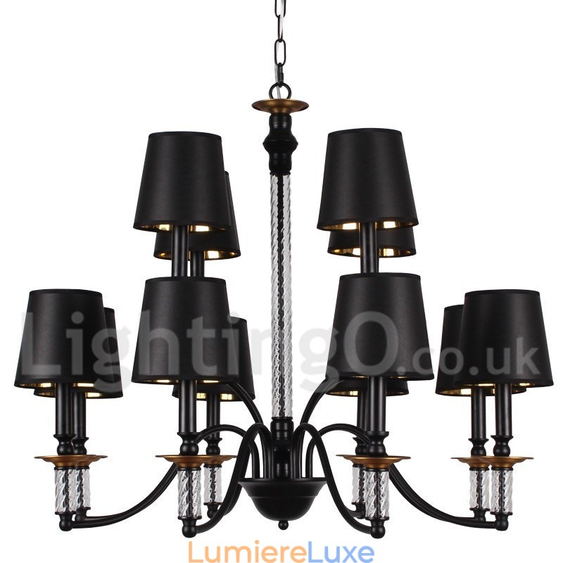 Lustre rustique rétro noir à 12 lumières, grand modèle à 2 niveaux, style bougie