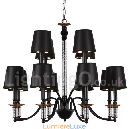 Lustre rustique rétro noir à 12 lumières, grand modèle à 2 niveaux, style bougie