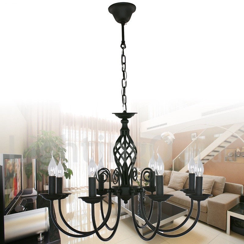 Lustre contemporain rétro noir à 8 lumières de style bougie