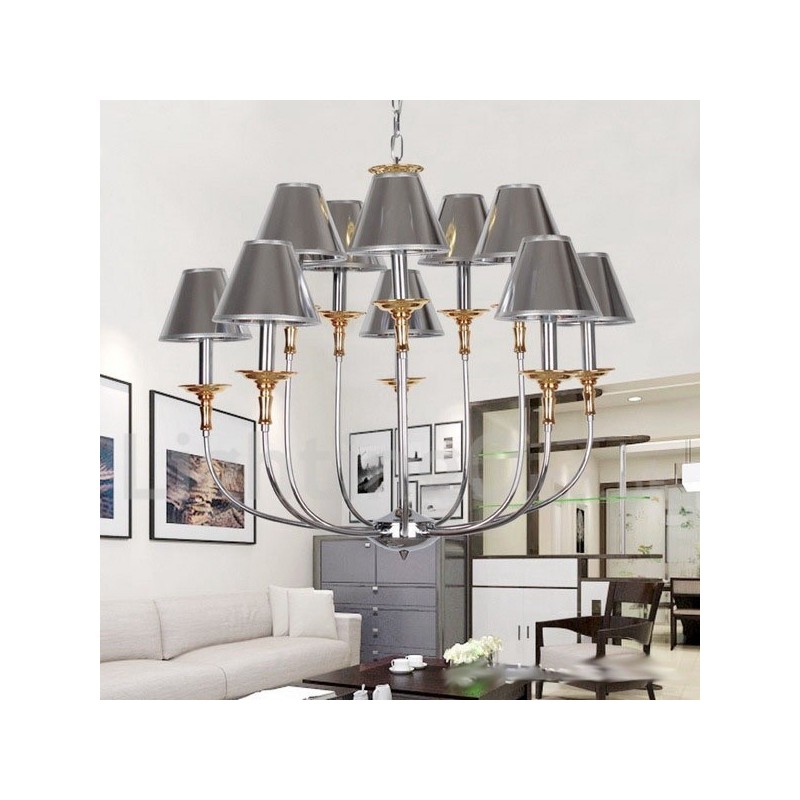 Lustre moderne contemporain à 10 lumières de style bougie chromé