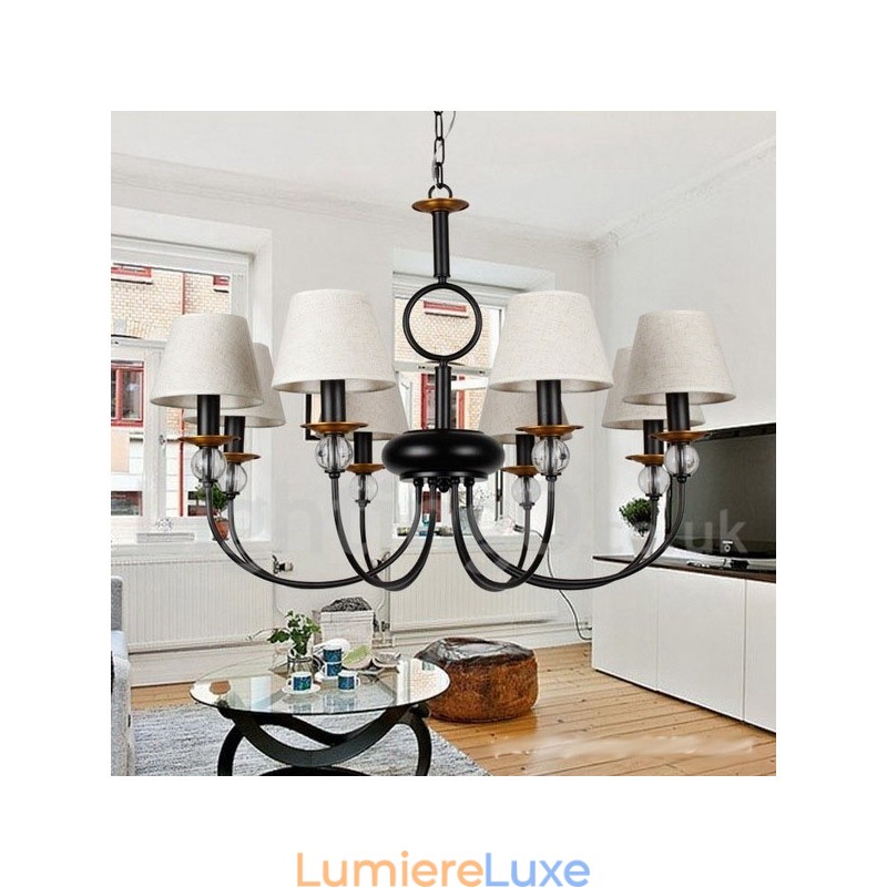 Lustre à 8 lumières rustique rétro noir de style méditerranéen contemporain de style bougie