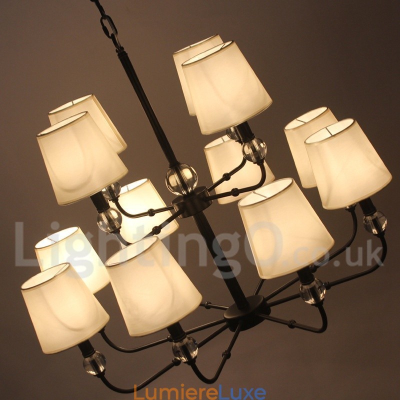 Lustre rétro contemporain noir à 12 lumières et 2 niveaux, style bougie