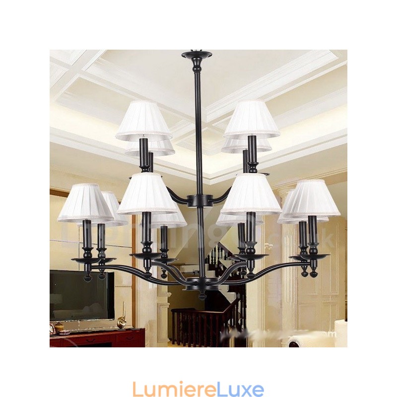 Lustre rétro rustique à 12 lumières, grand format, à 2 niveaux, style bougie