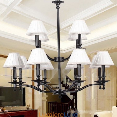Lustre rétro rustique à 12 lumières, grand format, à 2 niveaux, style bougie