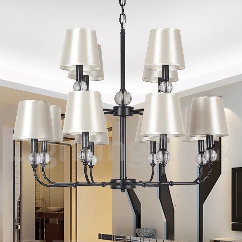 Lustre rustique rétro noir à 12 lumières, grand modèle à 2 niveaux, style bougie