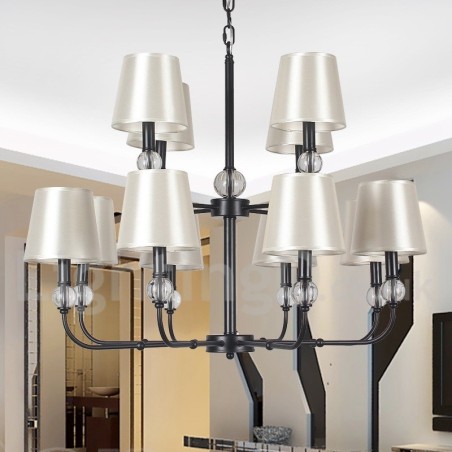 Lustre rustique rétro noir à 12 lumières, grand modèle à 2 niveaux, style bougie
