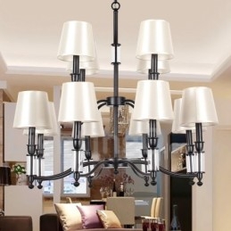 Lustre rustique rétro noir à 12 lumières, grand modèle à 2 niveaux, style bougie
