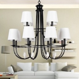 Lustre rustique rétro noir à 12 lumières, grand modèle à 2 niveaux, style bougie