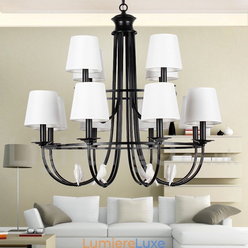Lustre rustique rétro noir à 12 lumières, grand modèle à 2 niveaux, style bougie