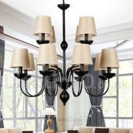 Lustre rustique rétro noir à 12 lumières, grand modèle à 2 niveaux, style bougie