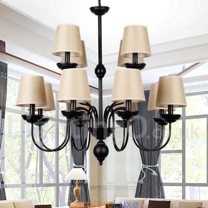 Lustre rustique rétro noir à 12 lumières, grand modèle à 2 niveaux, style bougie