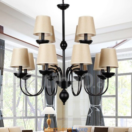 Lustre rustique rétro noir à 12 lumières, grand modèle à 2 niveaux, style bougie