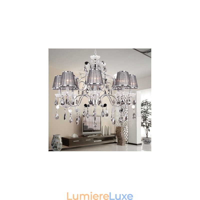 Lustre style bougie en cristal K9 gris clair à 8 lumières