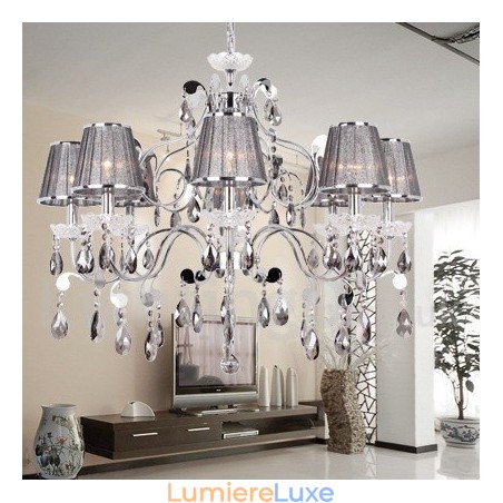 Lustre style bougie en cristal K9 gris clair à 8 lumières