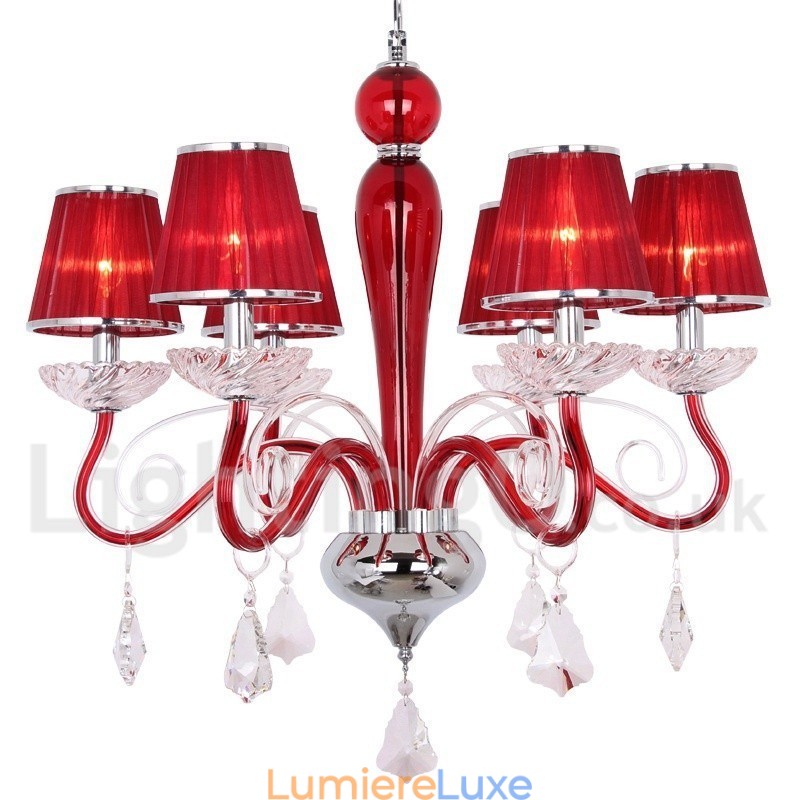 Lustre contemporain en cristal K9 rouge à 6 lumières de style bougie